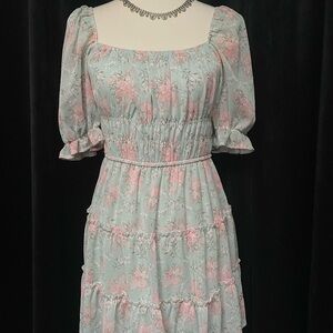 Floral Puff Sleeve Dress + Rhinestone Headband